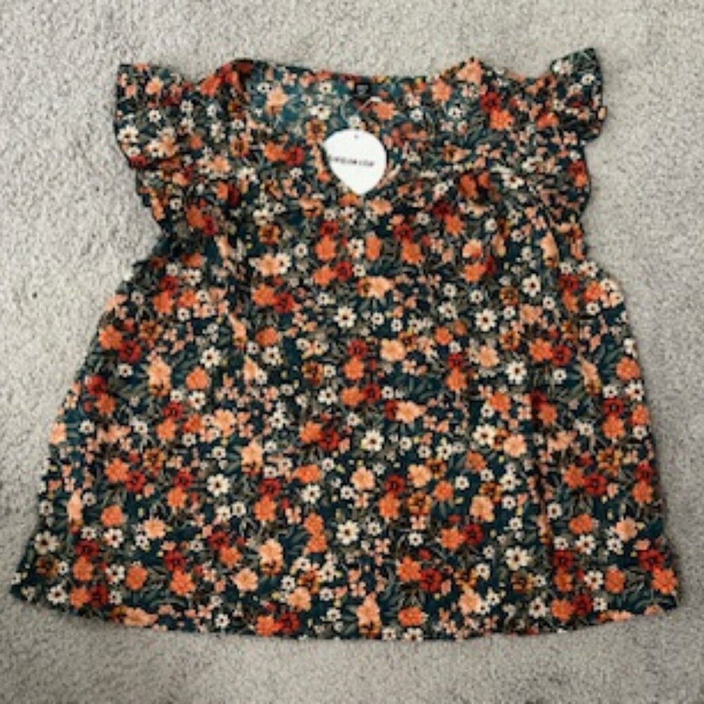 Floral Ruffle Sleeve Women's Top - Dark Green with Orange & Cream Flowers